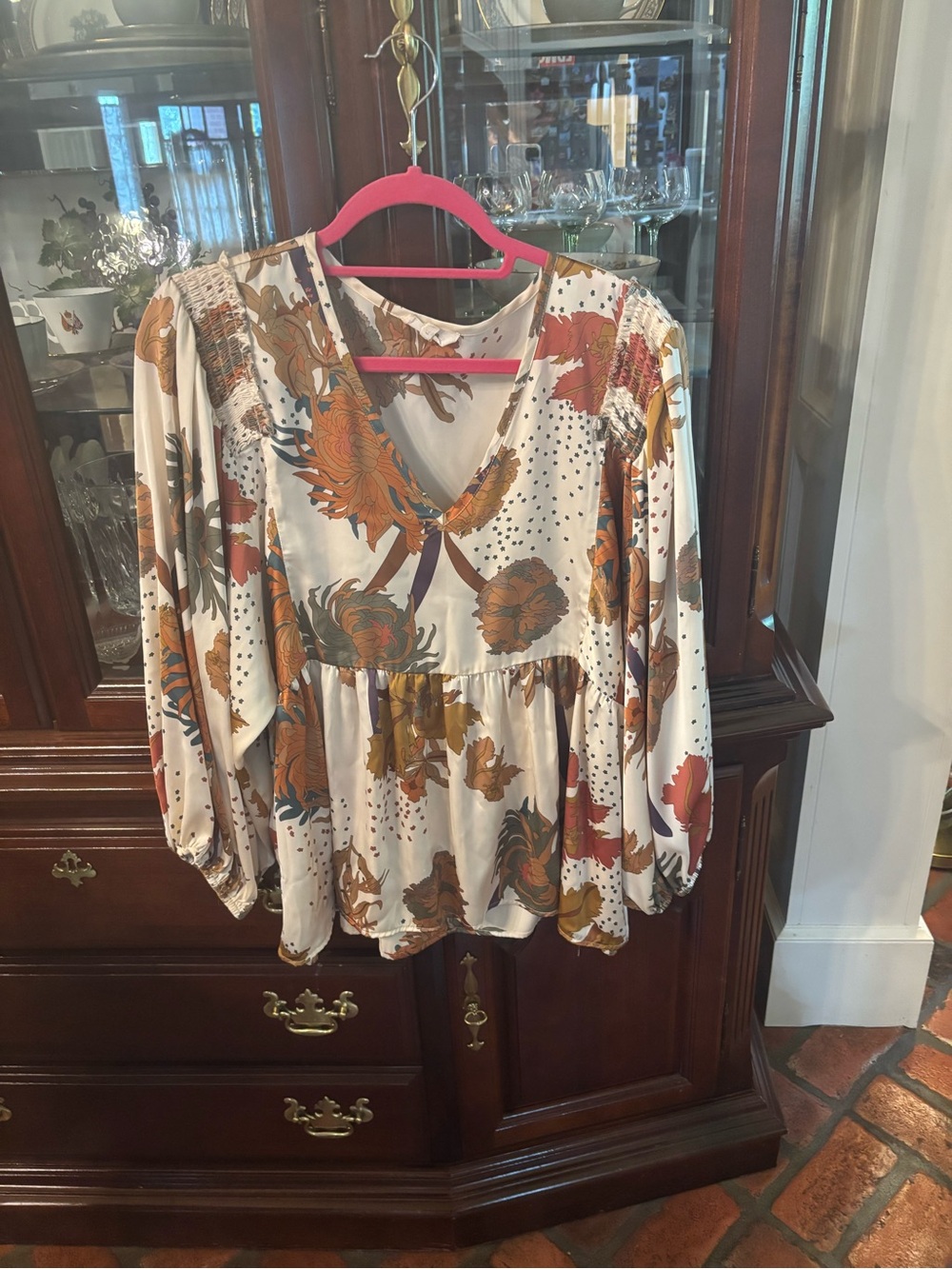 Entries Floral V-Neck Peasant Blouse - Cream with Rust & Mustard